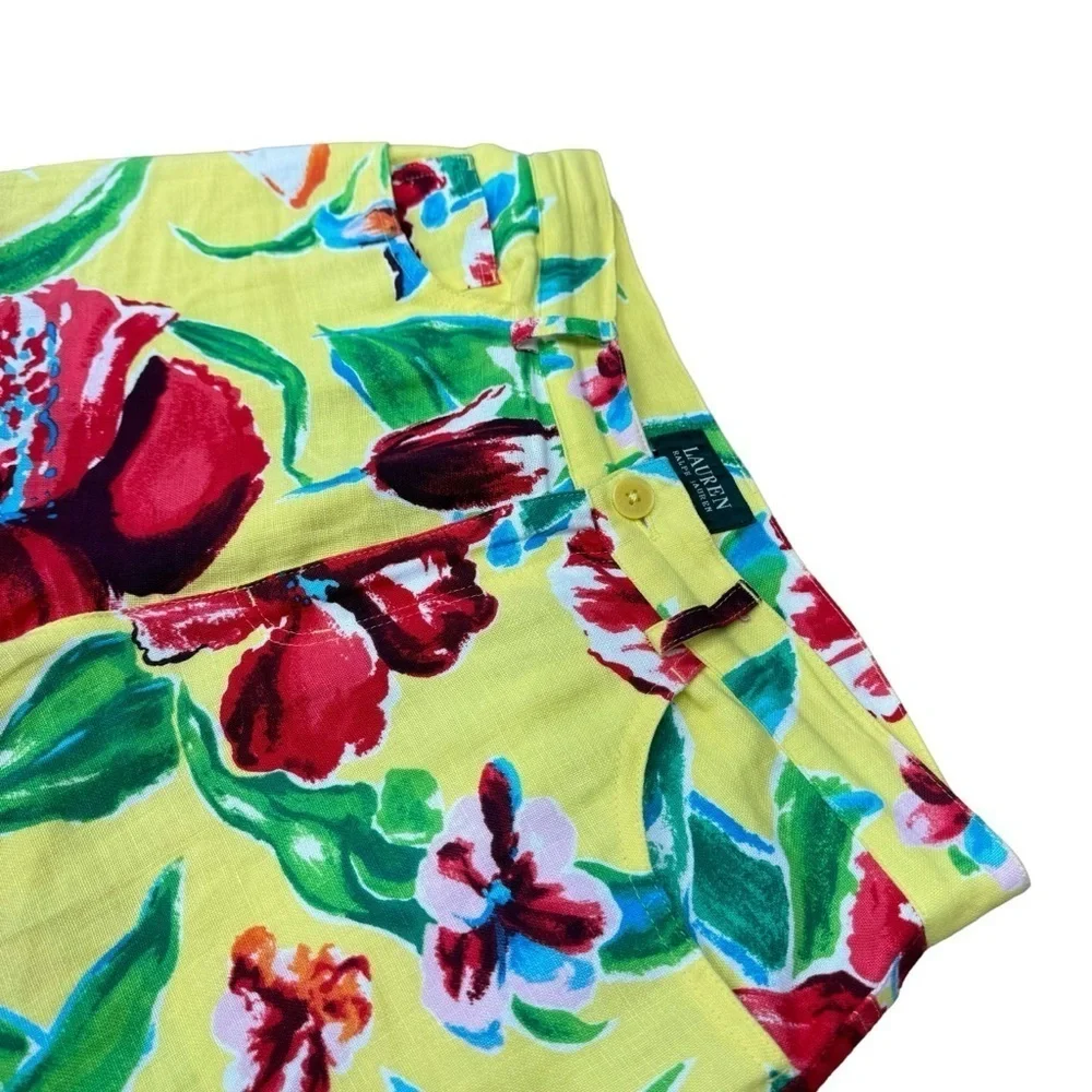 Lauren Ralph Lauren Linen Cropped Pants Women’s 8 Yellow Floral Tropical Hawaii - Picture 3 of 16